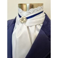 Belle Pre Tied Stock With Lace Frill And Navy Piping And Crystal And Pearl Pn