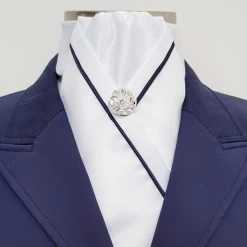 Kate Pre-tied Stock White Navy Piping Silver Pin