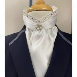 Belle Pre Tied Stock White Satin With Lace Frill And Crystal And Pearl Pin