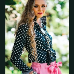 Hitchley And Harrow Ladies Fitted Ruffle Shirt BLACK-WHITE SPOTS