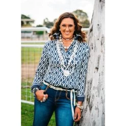 Hitchley And Harrow Geometric Pattern Ladies Fitted Shirt NAVY-WHITE